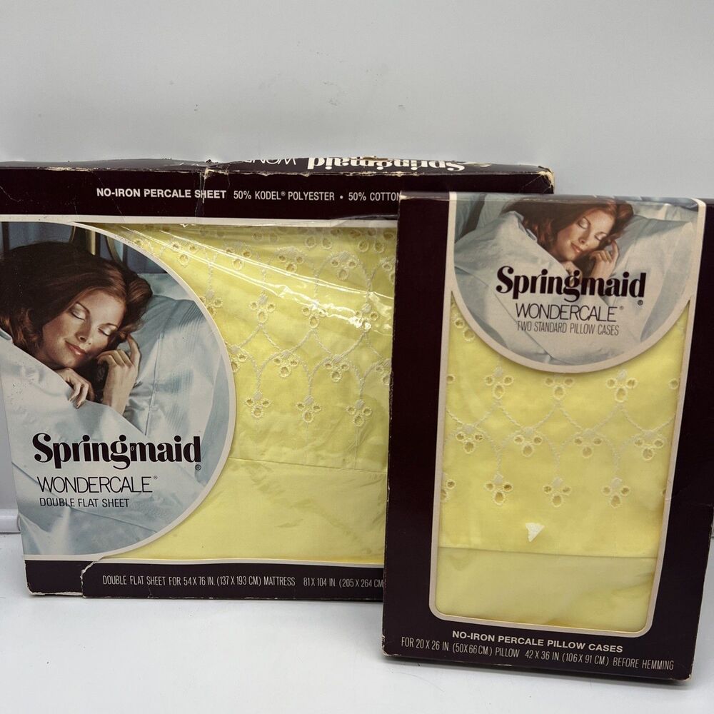 Vtg Springmaid Wondercale No-Iron Percale Double Flat Sheet & 2 Pillowcases